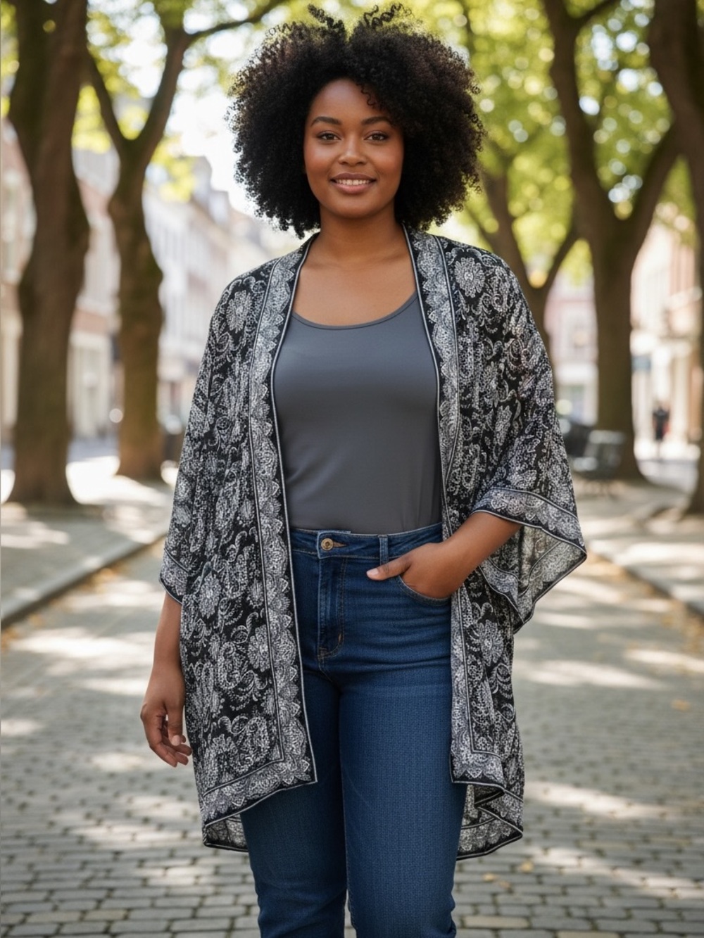 Black and White Paisley Kimono Cardigan- Max Studio